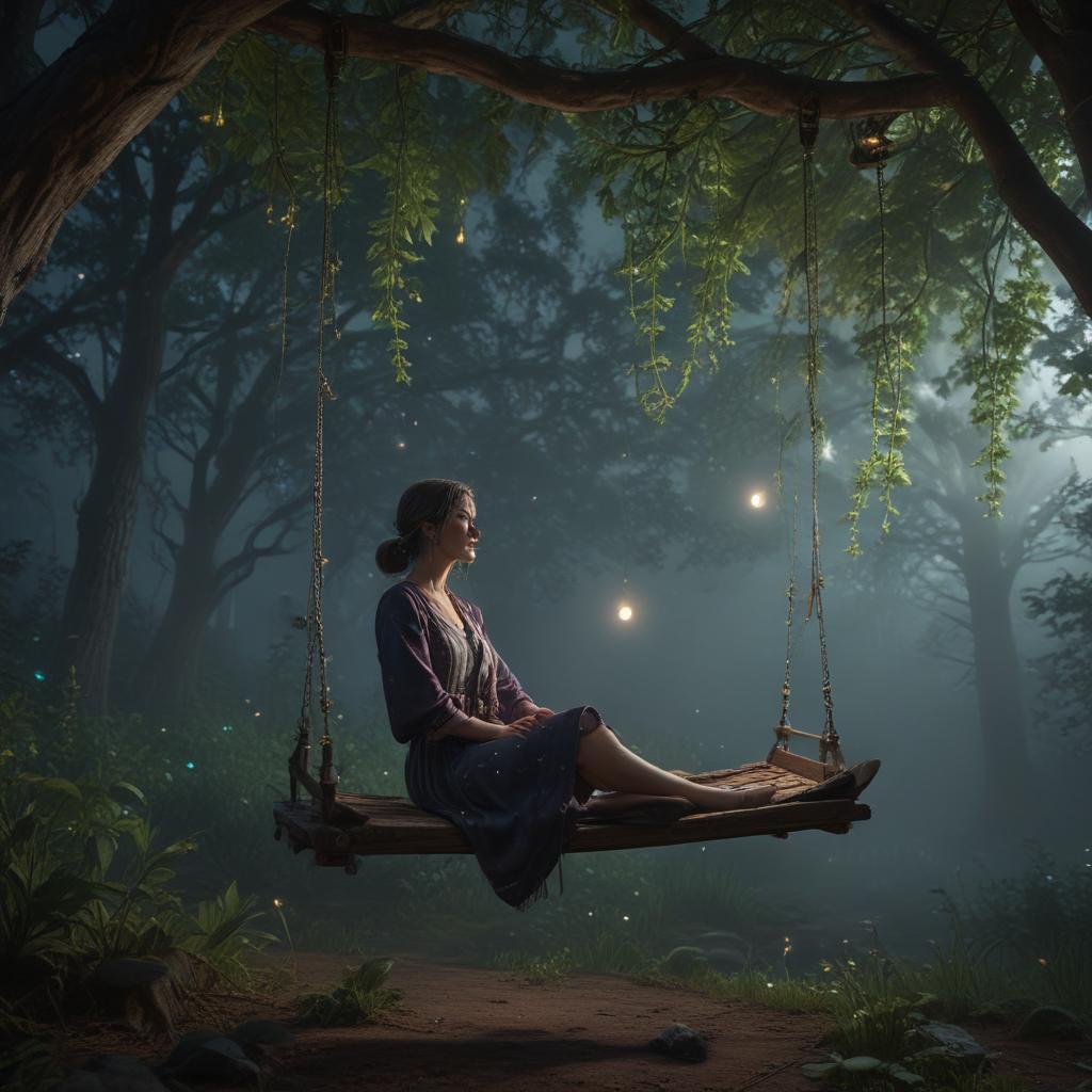 ((masterpiece)),(((best quality))), 8k, high detailed, ultra detailed,A wearing Rem's , sitting on a swing in a magical forest, surrounded by glowing fireflies, (a crescent moon) shining in the night sky hyperrealistic, full body, detailed clothing, highly detailed, cinematic lighting, stunningly beautiful, intricate, sharp focus, f/1. 8, 85mm, (centered image composition), (professionally color graded), ((bright soft diffused light)), volumetric fog, trending on instagram, trending on tumblr, HDR 4K, 8K