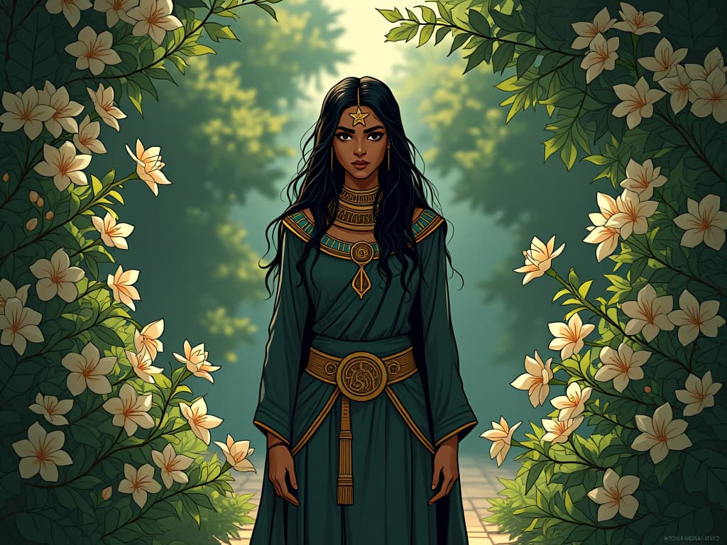  rabia of basra, standing in a lush garden, not in rejection but profound commitment to spiritual path, surrounded by blooming jasmine. the style is digital art illustration / modern comic book / mysterious occult, symbolic, esoteric vibe,high detail on character design, incorporating ancient egyptian symbology and attire.