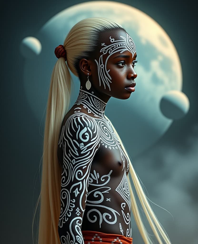  tribal style (dark skinned young african girl: 3.9) with long straight snow white hair, covered with white ephemeral luminescent tattoos all over her body from her chest to her lower abdomen in intricate patterns, a mesmerizing and magical aura, intricate details (demonstrating a dance in motion). against the background of abstract planets, . indigenous, ethnic, traditional patterns, bold, natural colors, highly detailed hyperrealistic, full body, detailed clothing, highly detailed, cinematic lighting, stunningly beautiful, intricate, sharp focus, f/1. 8, 85mm, (centered image composition), (professionally color graded), ((bright soft diffused light)), volumetric fog, trending on instagram, trending on tumblr, HDR 4K, 8K