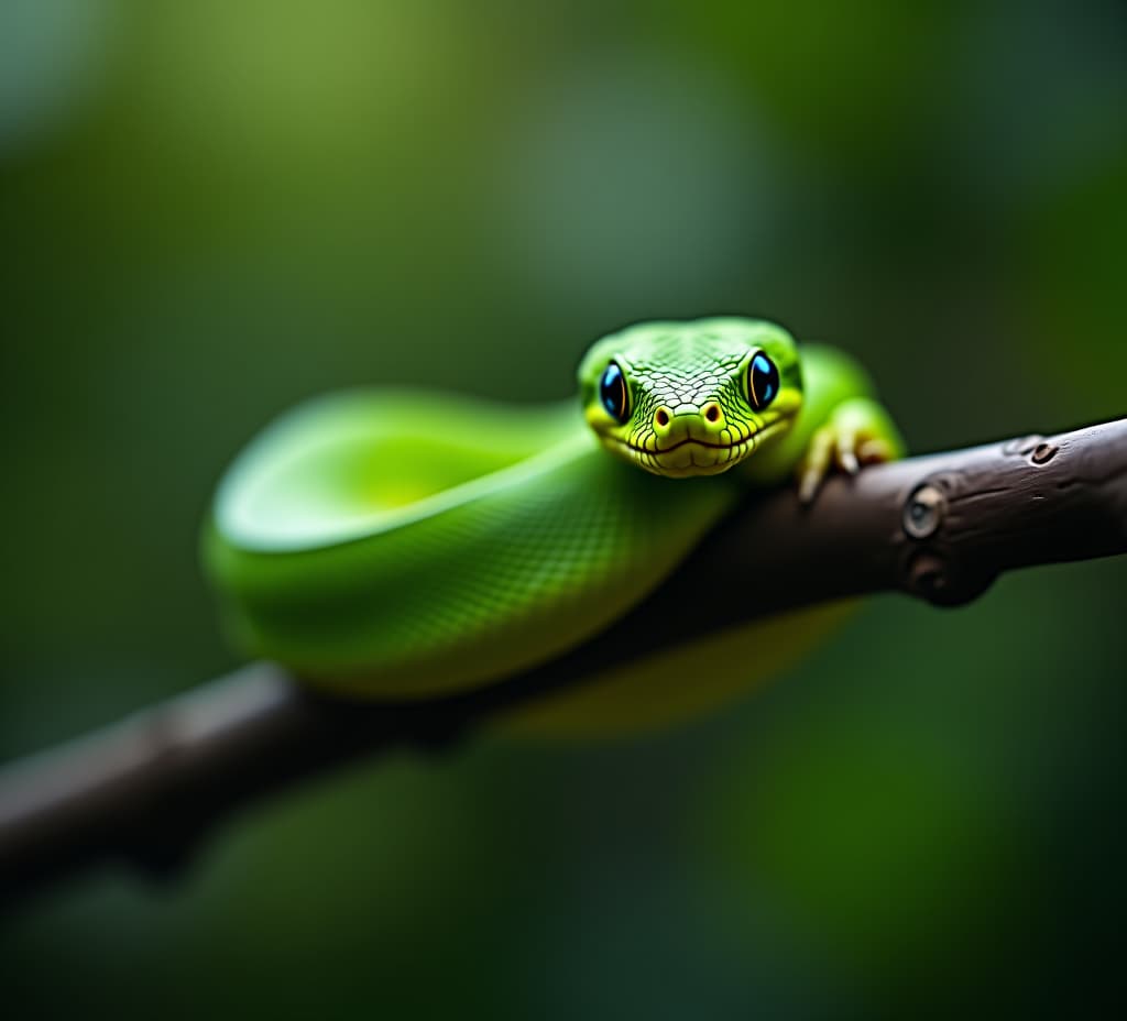  green pit viper on branch with bokeh background