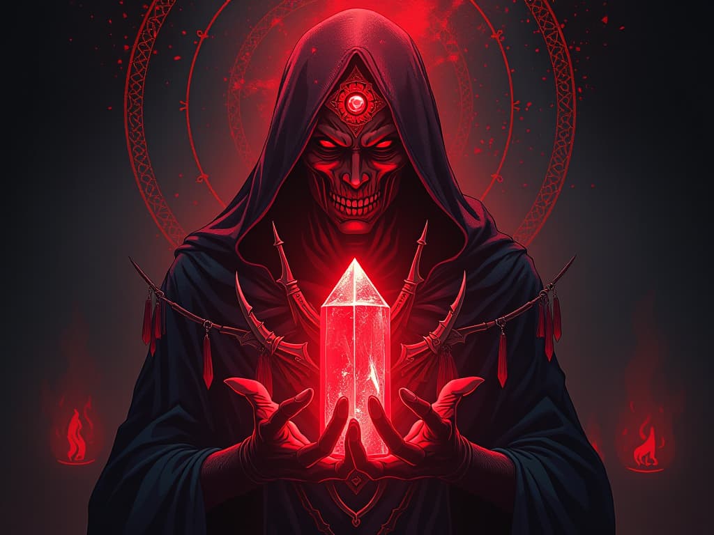  ancient red crystal, emitting unsettling energies, intricate symbols, sense of disturbance. the style is digital art illustration / modern comic book / graphic dark novel fantasy and mysterious occult, symbolic, moody lighting, esoteric vibe,high detail on character design. for the color scheme emphasize blacks and reds.