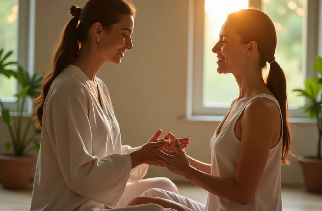  happy female holistic teacher holding hands of woman during spiritual practice meditation experience feeling energy, peace and love, giving support during body health retreat healing training session. ar 3:2 {prompt}, maximum details