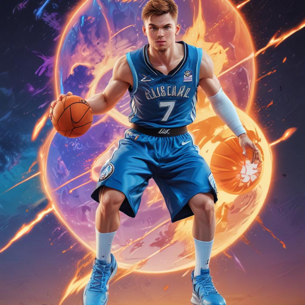 distance-shot, flashy, full-body, dynamic, holographic, animated cartoon poster of luka doncic in the style of dragon ball super