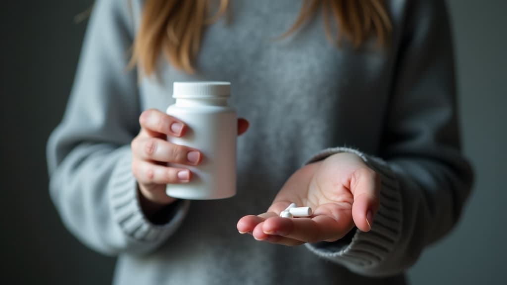  a girl in a gray wool sweater, at stomach level, holds a white pill bottle in one hand, and in the other palm are two capsules. the girl's face is not visible ar 16:9 {prompt}, maximum details