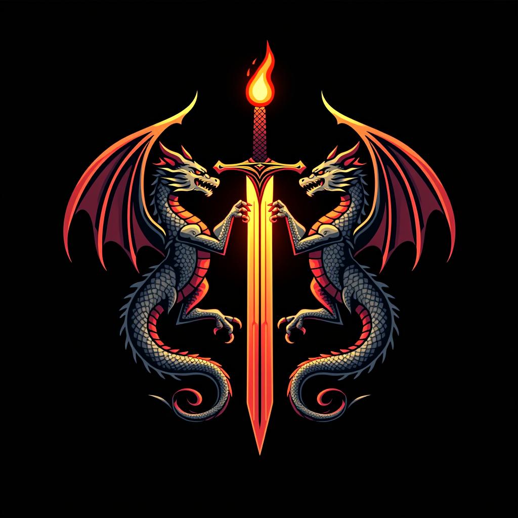  logo, custom sticker design on an isolated black background decorated by mythical dragons and a flaming sword