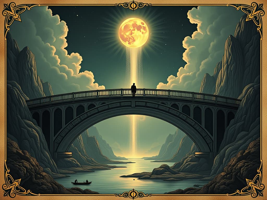  a majestic bridge, glowing, connecting two realms, ethereal on one side, earthly on the other, symbolic, transcendent. an illustration in the style of a worn, mystical old tarot trump card, mysterious and elements of surrealism. the colors are muted, somber and eerie, but with contrast bring out an occult and esoteric vibe.