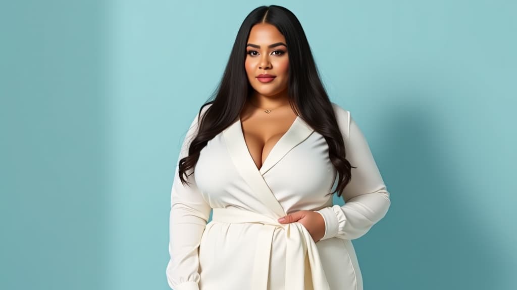  a beautiful plus size woman with fair skin and long, straight hair wears a chic white outfit, standing against a pale blue background with gentle shadows