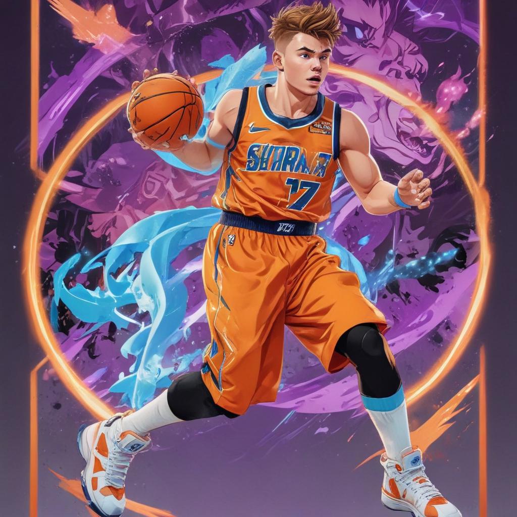 distance-shot, flashy, full-body, dynamic, holographic, animated cartoon poster of luka doncic in the style of dragon ball super