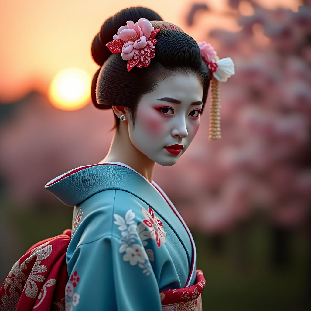  score 9, score 8 up, score 7 up, score 6 up, score 5 up, score 4 up, asian , 1, japanese geisha, updo, looking at viewer, small pink s, large s, 20 year, face close up, half body portrait, big brown eyes, nihongami, modest, viewer, hearts, posing, pose, solo, blue floral kimono, off shoulder, bonsai, sakura, worried, blushing, cow position, cherry blossom, , sunset, cinematic lighting, semi realistic, side view, (young:1.2), wild , semi realistic, imminent , blushing, open mouth, squatting, bouncing hard hyperrealistic, full body, detailed clothing, highly detailed, cinematic lighting, stunningly beautiful, intricate, sharp focus, f/1. 8, 85mm, (centered image composition), (professionally color graded), ((bright soft diffused light)), volumetric fog, trending on instagram, trending on tumblr, HDR 4K, 8K