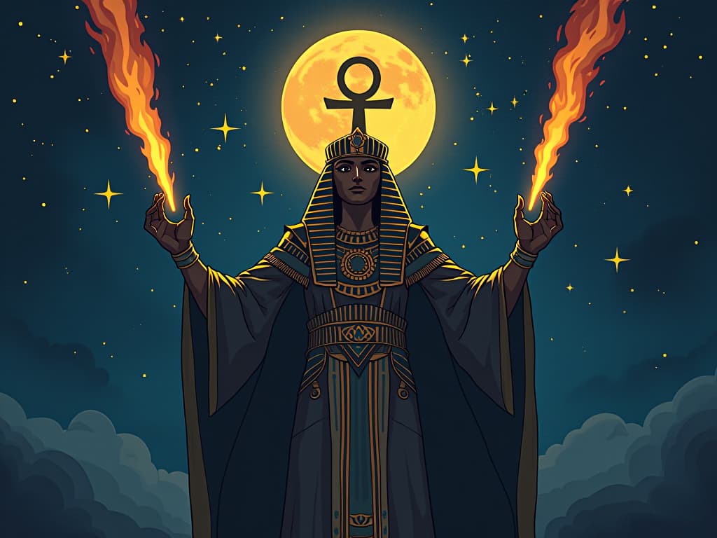  ankh symbol glowing in the night sky, shooting stars crossing, representation of hope and upliftment. the style is digital art illustration / modern comic book / mysterious occult, symbolic, esoteric vibe,high detail on character design, incorporating ancient egyptian symbology and attire.