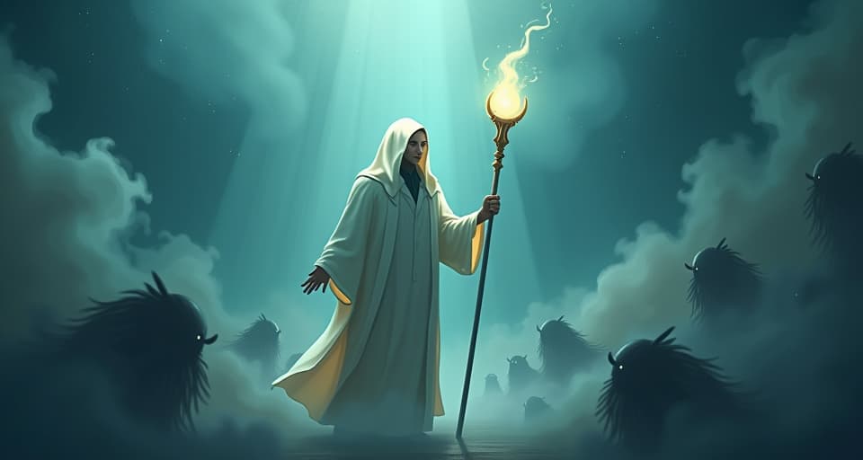  an ethereal sorcerer with a glowing staff, standing amidst swirling mists, their presence compelling shadowy beings to transform and evolve.. the style is digital art illustration,highly detailed, whimsical,magical, dreamlike atmosphere, realism and fantasy blend, smooth, glossy textures,luminous quality, wonder and enchantment.