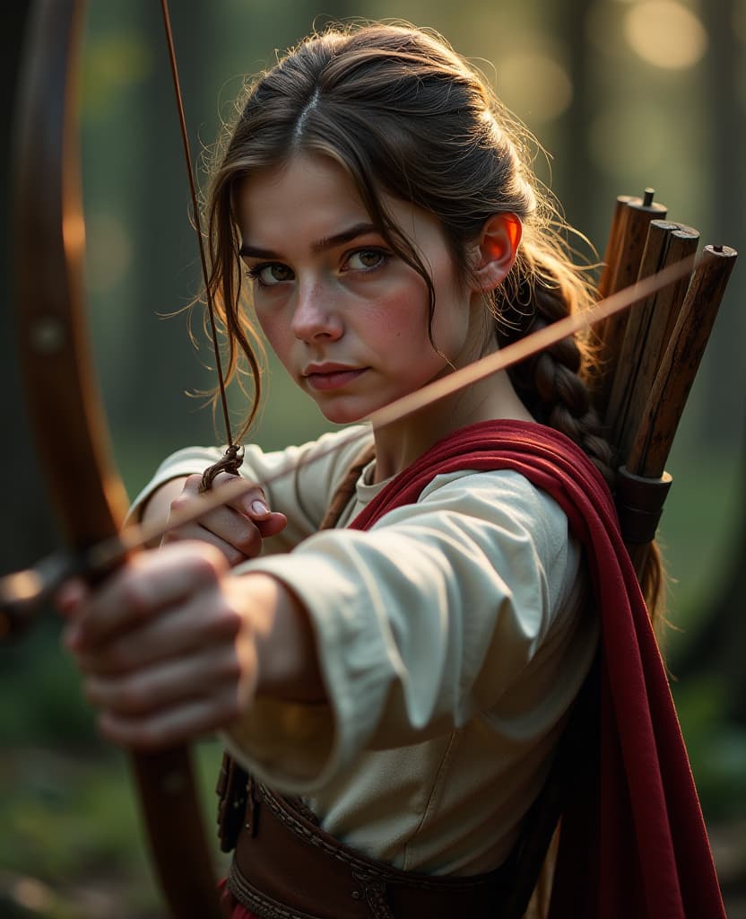  archer girl with a bow, high quality, high details, hd, perfect composition, 4k epic detailed, highly detailed, sharp focus, high resolution