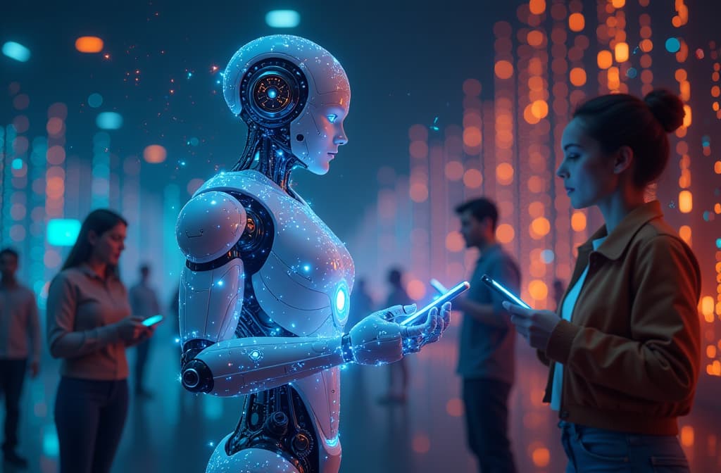  "create an imaginative digital scene featuring an advanced ai chatbot represented as a luminous, holographic figure surrounded by a vibrant data landscape. the environment should be filled with swirling patterns of binary code and colorful neural networks, symbolizing communication and intelligence. in the background, showcase diverse people engaging in conversation with digital devices, reflecting the chatbot's role in enhancing human connection and knowledge sharing. use a blend of futuristic colors, such as electric blue and bright orange, to evoke a sense of innovation and collaboration." hyperrealistic, full body, detailed clothing, highly detailed, cinematic lighting, stunningly beautiful, intricate, sharp focus, f/1. 8, 85mm, (centered image composition), (professionally color graded), ((bright soft diffused light)), volumetric fog, trending on instagram, trending on tumblr, HDR 4K, 8K