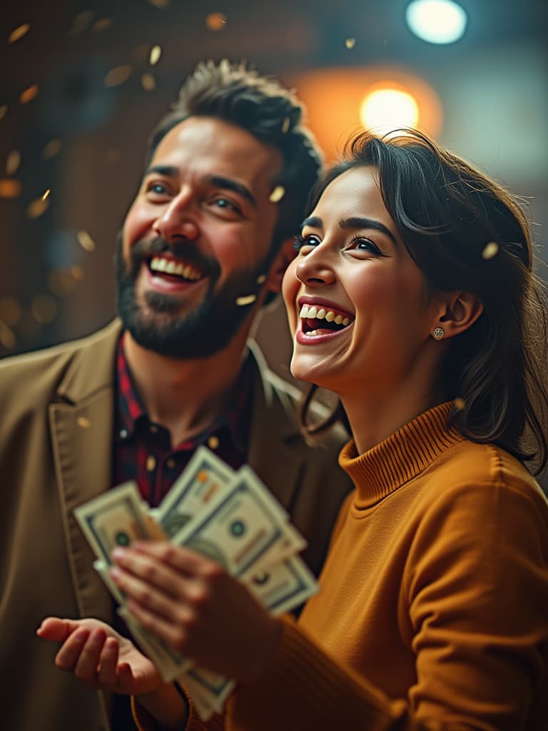  closeup happy woman and man sprinkles money from cosmos ar 16:9 hyperrealistic, full body, detailed clothing, highly detailed, cinematic lighting, stunningly beautiful, intricate, sharp focus, f/1. 8, 85mm, (centered image composition), (professionally color graded), ((bright soft diffused light)), volumetric fog, trending on instagram, trending on tumblr, HDR 4K, 8K