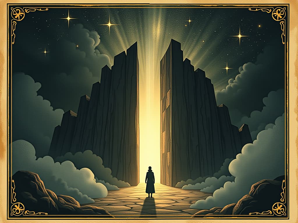  a celestial gate, partially open, rays of light streaming through, figure standing before it, ready and hopeful, stars twinkling above. an illustration in the style of a worn, mystical old tarot trump card, mysterious and elements of surrealism. the colors are muted, somber and eerie, but with contrast bring out an occult and esoteric vibe.