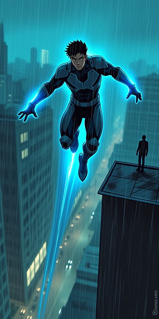  good quality, high quality, a dynamic manga style action shot as pranav leaps off the rooftop, his body soaring through the stormy sky. the rain splashes off his armor as he accelerates forward with newfound power, leaving streaks of glowing blue light behind him. below, the city is bustling, with tiny cars and people visible far down on the streets. in the distance, a mysterious figure watches him from the shadows on another rooftop, creating intrigue about a potential enemy or ally.