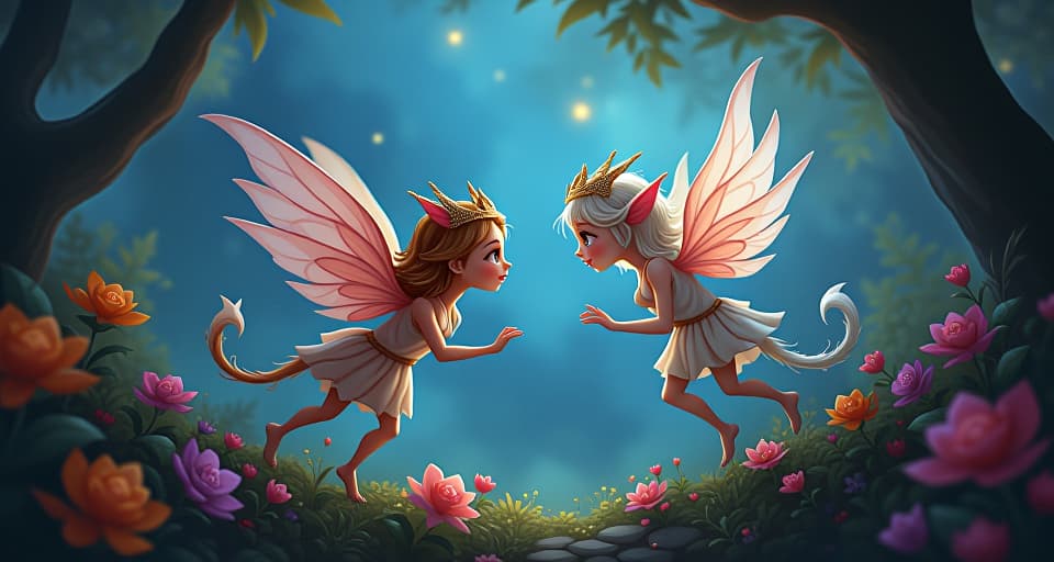  whimsical celestials drawn into a confrontation in an enchanted garden. avoidance replaced with engagement, intense emotions, magical atmosphere.. the style is digital art illustration,highly detailed, whimsical,magical, dreamlike atmosphere, realism and fantasy blend, smooth, glossy textures,luminous quality, wonder and enchantment.