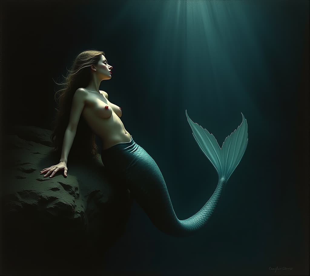  a mermaid in the dark,by alexandre cabanel, bouguereau, jacob collins, solomon j solomon, john williams waterhouse, lord frederic leighton, tadema, étienne adolphe piot, french painting stylize 750.0