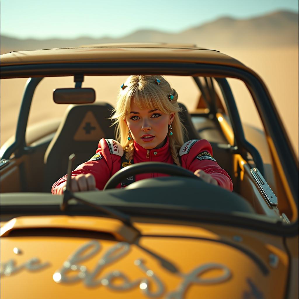  detailed, masterpiece, professional, bold colors, awe inspiring, photography inspired by jeremy mann, 30mm shot, action scene, hdr, princess peach racing in dune buggy, realistic, gritty, cinematic, dystopian, realistic skin texture, real life,, "basic blonde" writen on hood of car, bejeweled writing, wearing road leathers, driving