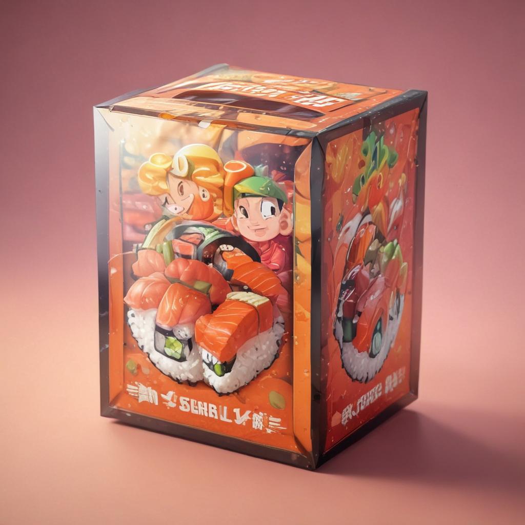 distance-shot, flashy, full-body, dynamic, holographic, animated cartoon poster of a take-out box of sushi in the style of dragon ball super