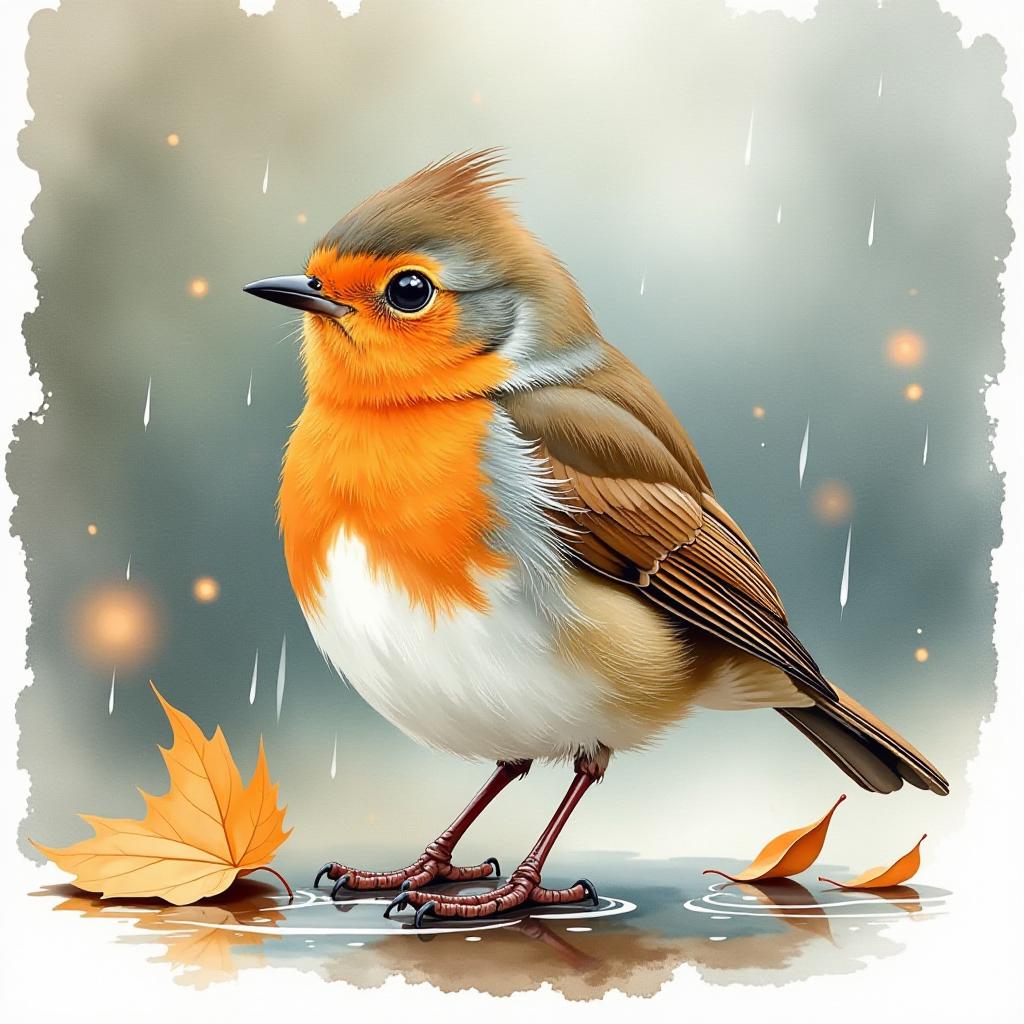  watercolor painting, jean baptiste monge style, cute baby robin taking a in the rain in autumn, splash art