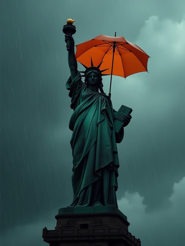  realistic, detailed, black statue of liberty, gray sky, rain, gray clouds, upper body view, holding orange umbrella in right hand and rain boots in left hand. dark atmospher