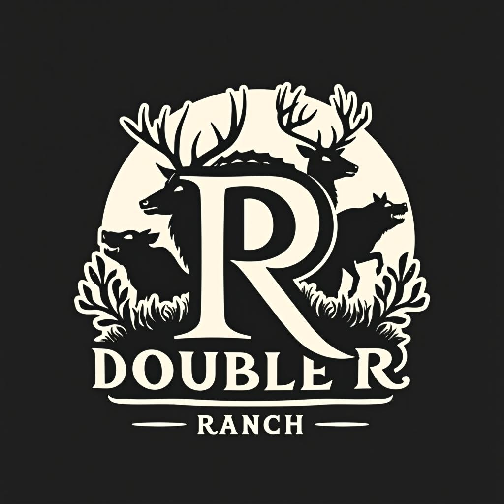  design a logo, sleek black and white logo design which incorporates a deer , a turkey and a wild hog, with 2 letter r’s facing back to back in the forefront. the text title is “double r ranch”