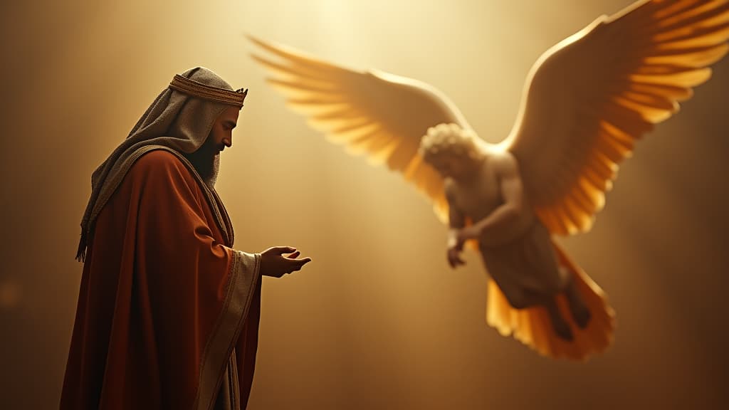  history of biblical times, the angel announcing the birth of ishmael to hagar, emphasizing the meaning of his name 'god hears'. hyperrealistic, full body, detailed clothing, highly detailed, cinematic lighting, stunningly beautiful, intricate, sharp focus, f/1. 8, 85mm, (centered image composition), (professionally color graded), ((bright soft diffused light)), volumetric fog, trending on instagram, trending on tumblr, HDR 4K, 8K