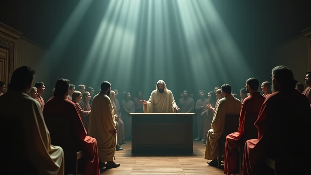  a historical reenactment of the trial of jesus before pontius pilate, depicting the tense atmosphere. hyperrealistic, full body, detailed clothing, highly detailed, cinematic lighting, stunningly beautiful, intricate, sharp focus, f/1. 8, 85mm, (centered image composition), (professionally color graded), ((bright soft diffused light)), volumetric fog, trending on instagram, trending on tumblr, HDR 4K, 8K