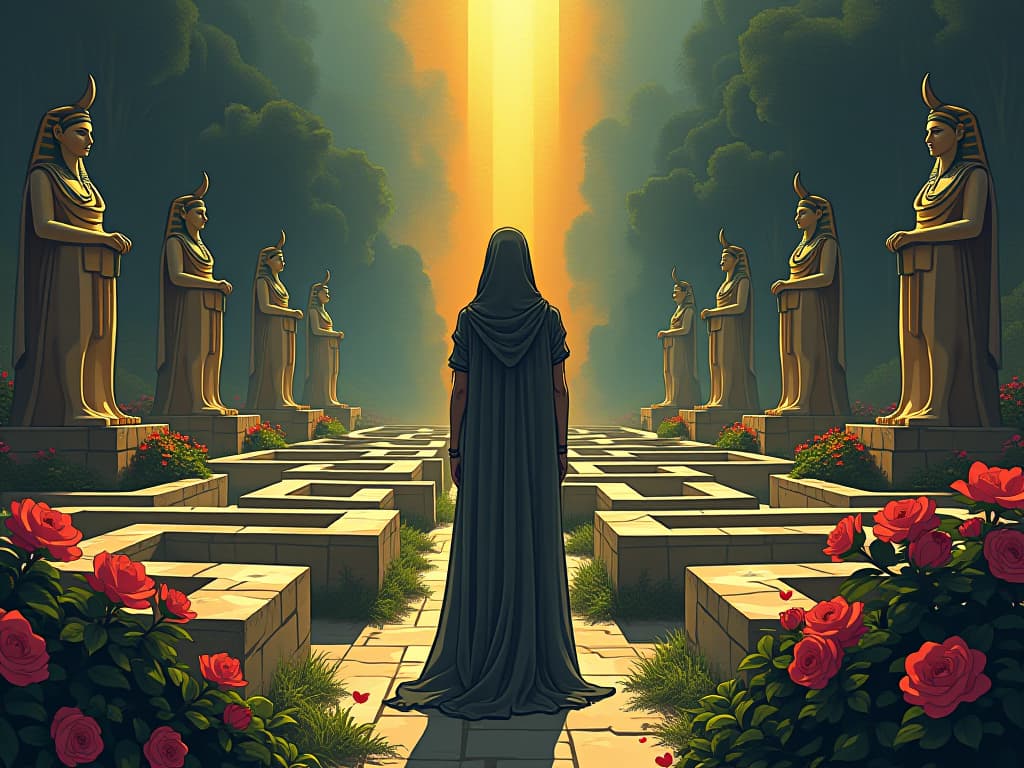  solitary figure standing at the center of a labyrinthine garden, surrounded by blooming flowers and statues, symbolizing self discovery and understanding. the style is digital art illustration / modern comic book / mysterious occult, symbolic, esoteric vibe,high detail on character design, incorporating ancient egyptian symbology and attire.