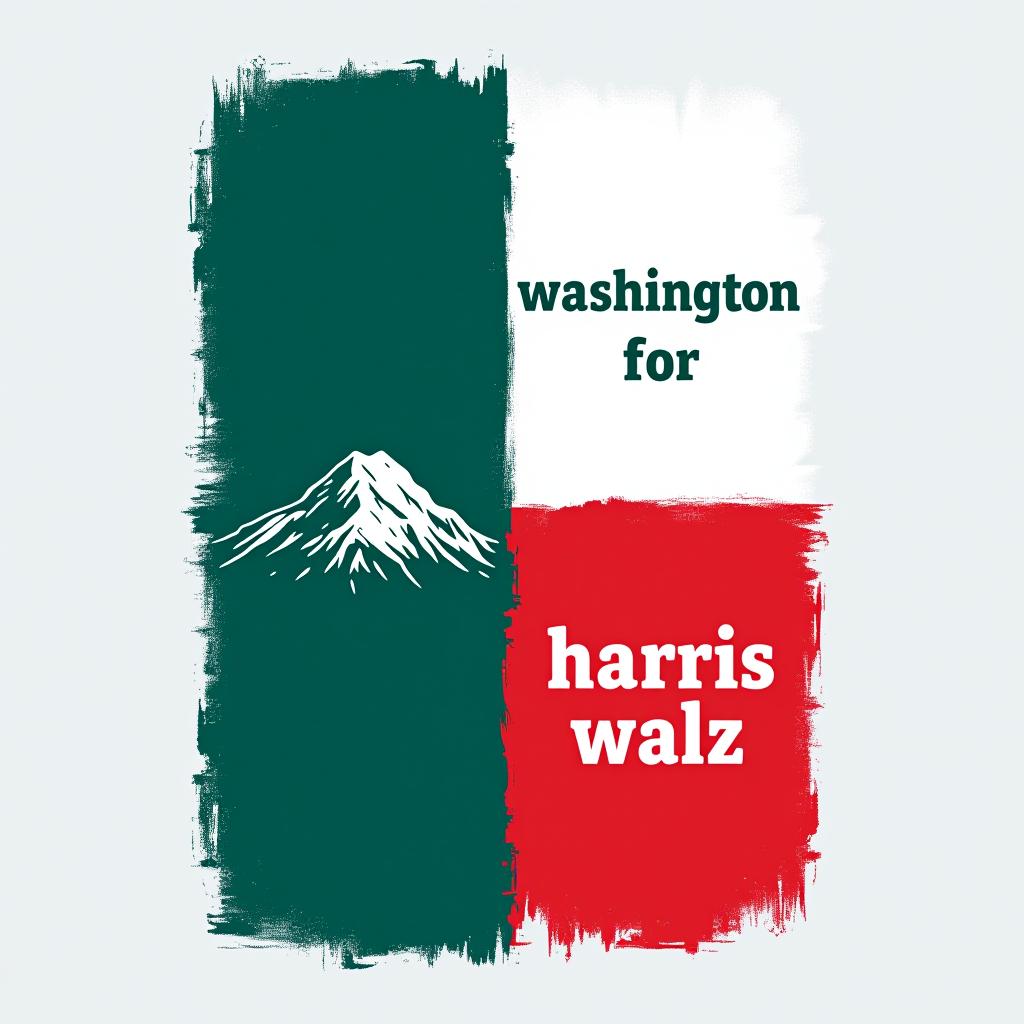  a tshirt design inspired by the washington state flag. the left side features a green vertical stripe with a large mountain in the center. the right side is divided into two horizontal sections: the top section is white with the text 'washington for' in bold, green, uppercase letters, and the bottom section is red with the text 'harris walz' in bold, white, uppercase letters. the overall layout is clean and straightforward, with a clear and patriotic color scheme of blue, white, and red.