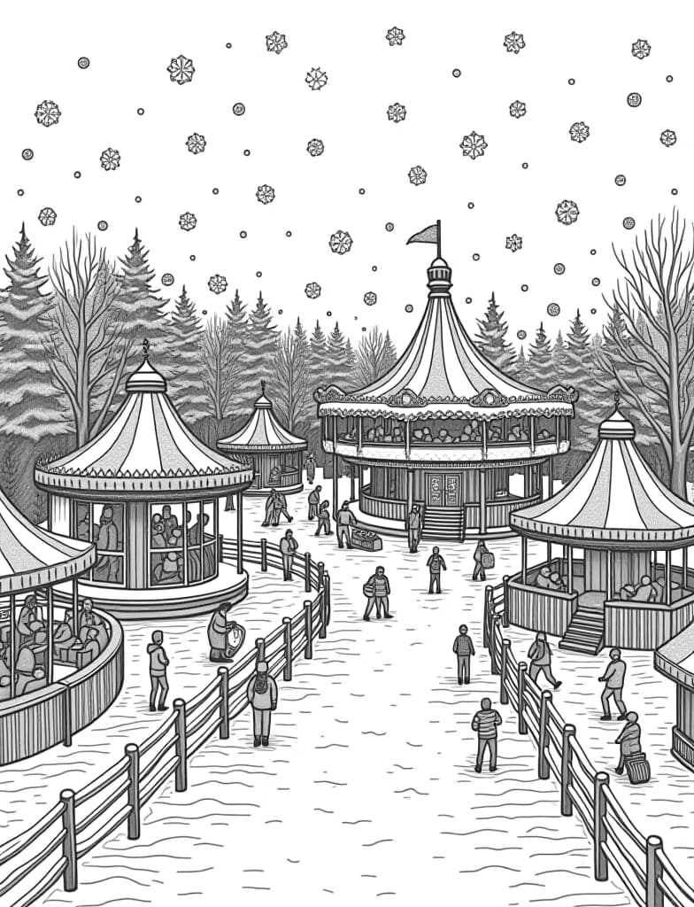  this is for an adult coloring page. a detailed black and white line art of a snowy winter carnival with people enjoying rides and games in the snow on a solid white background.