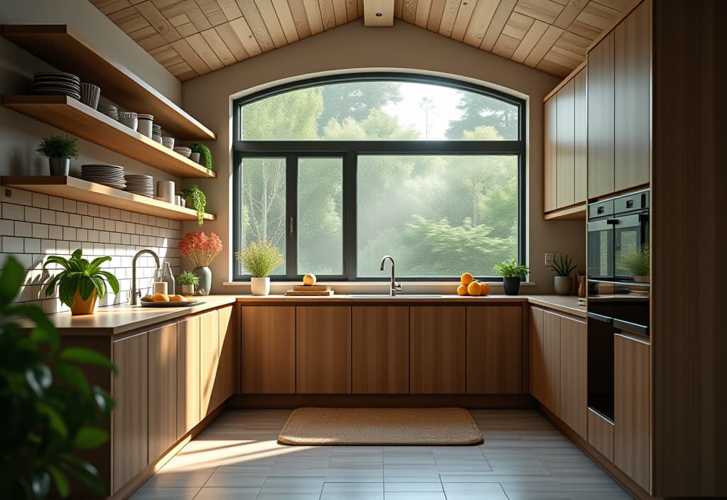  a landscape photo of a small kitchen with a seamless flow, featuring open shelving, glass front cabinets, and a large window that brings in natural light and connects to the outdoor space hyperrealistic, full body, detailed clothing, highly detailed, cinematic lighting, stunningly beautiful, intricate, sharp focus, f/1. 8, 85mm, (centered image composition), (professionally color graded), ((bright soft diffused light)), volumetric fog, trending on instagram, trending on tumblr, HDR 4K, 8K