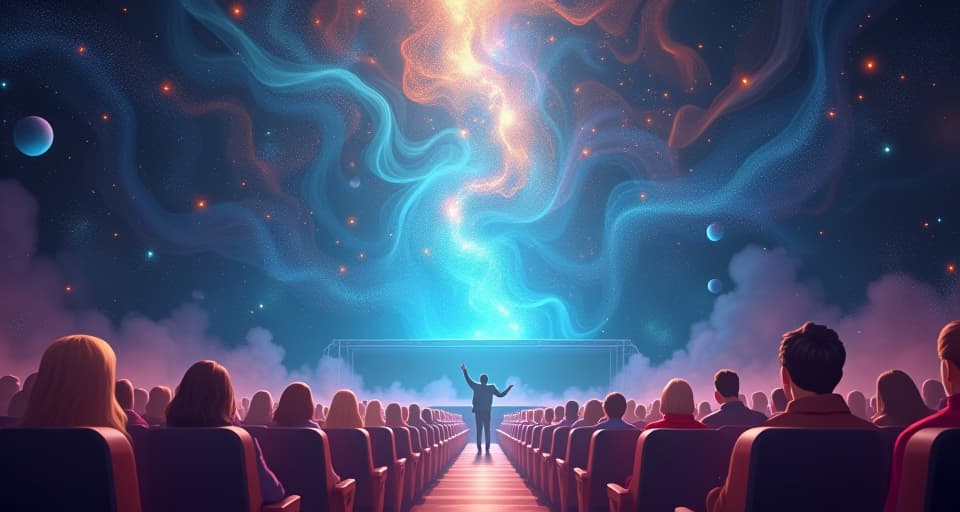  celestial auditorium, ethereal beings, bright lights, awaiting the future, shining next steps.. the style is digital art illustration,highly detailed, whimsical,magical, dreamlike atmosphere, realism and fantasy blend, smooth, glossy textures,luminous quality, wonder and enchantment.