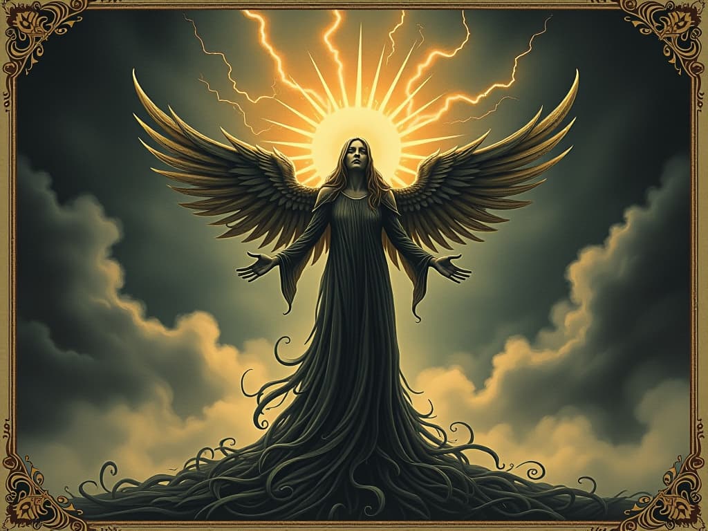  radiant figure standing amidst swirling energies, background of stormy skies and lightning, powerful and resilient mood. an illustration in the style of a worn, mystical old tarot trump card, mysterious and elements of surrealism. the colors are muted, somber and eerie, but with contrast bring out an occult and esoteric vibe.