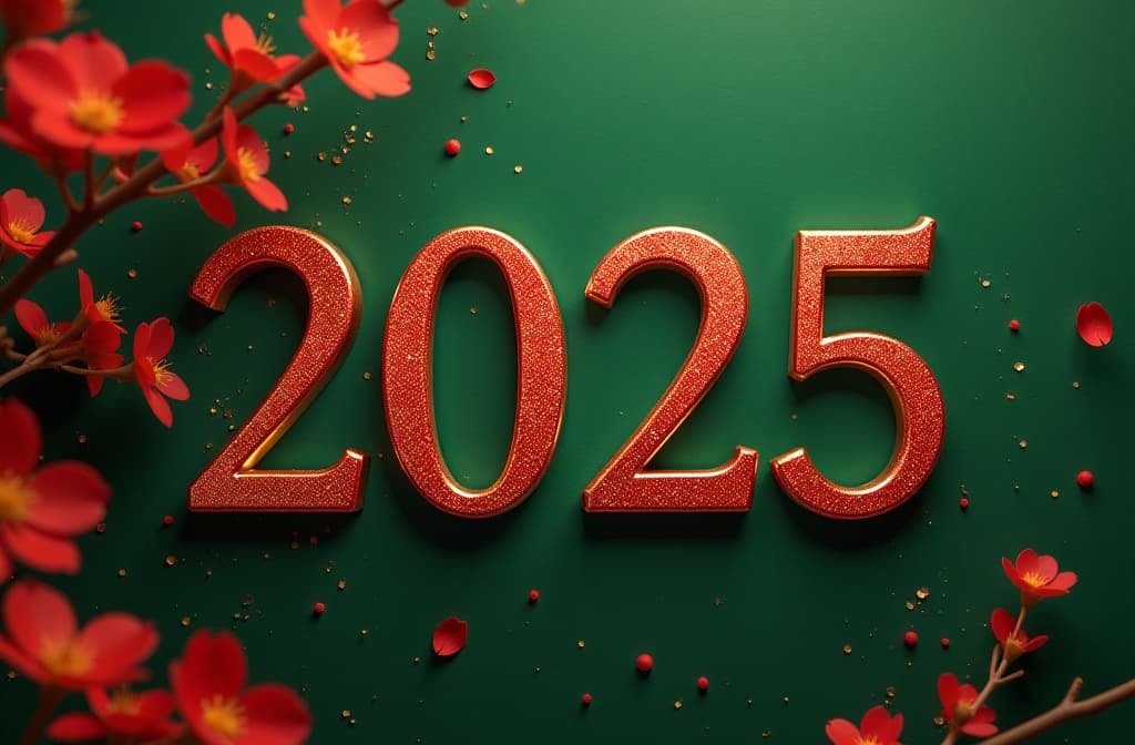  professional detailed photography, ((2025 digits)) red and gold, new year, green background , (muted colors, dim colors, soothing tones), (vsco:0.3)