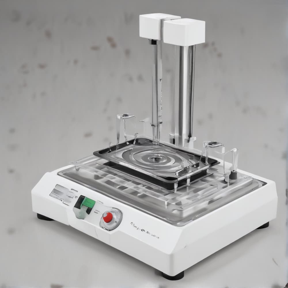 patent drawing style forThe illustrated patent drawing depicts an innovative magnetic stirrer designed to enhance usability and safety in laboratory settings. The device features a robust base unit that houses the stir mechanism and includes user-friendly control knobs located on the front panel, which allow for precise adjustments of stirring speed and heating temperature. Mounted atop the base is a flat stirring platform, which is engineered from heat-resistant materials to prevent warping under high temperatures. Notably, this platform is equipped with a novel, integrated stand consisting of adjustable securing arms and non-slip surfaces, ensuring that various sizes of glassware are held securely during operation. This configuration min