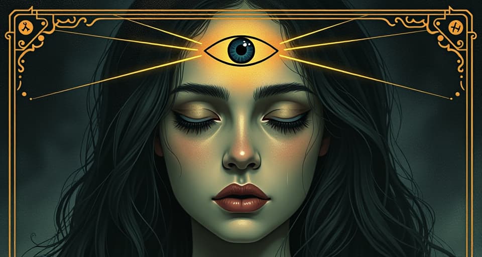  face with serene expression, third eye symbol on forehead, glowing, radiating lines, dark background, mysticism, heightened awareness. an illustration in the style of a worn, mystical old tarot trump card, mysterious and elements of surrealism. the colors are muted, somber and eerie, but with contrast bring out an occult and esoteric vibe.