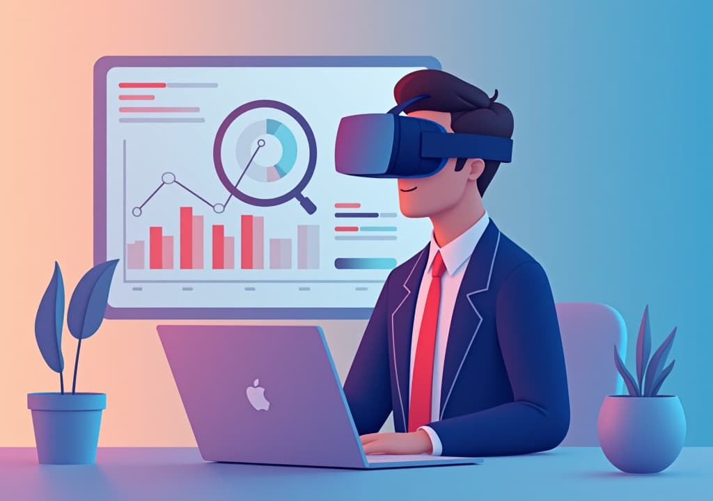  financial consultant using vr for financial planning concept: innovative 2d minimalist vector illustration showing immersive analysis in virtual reality