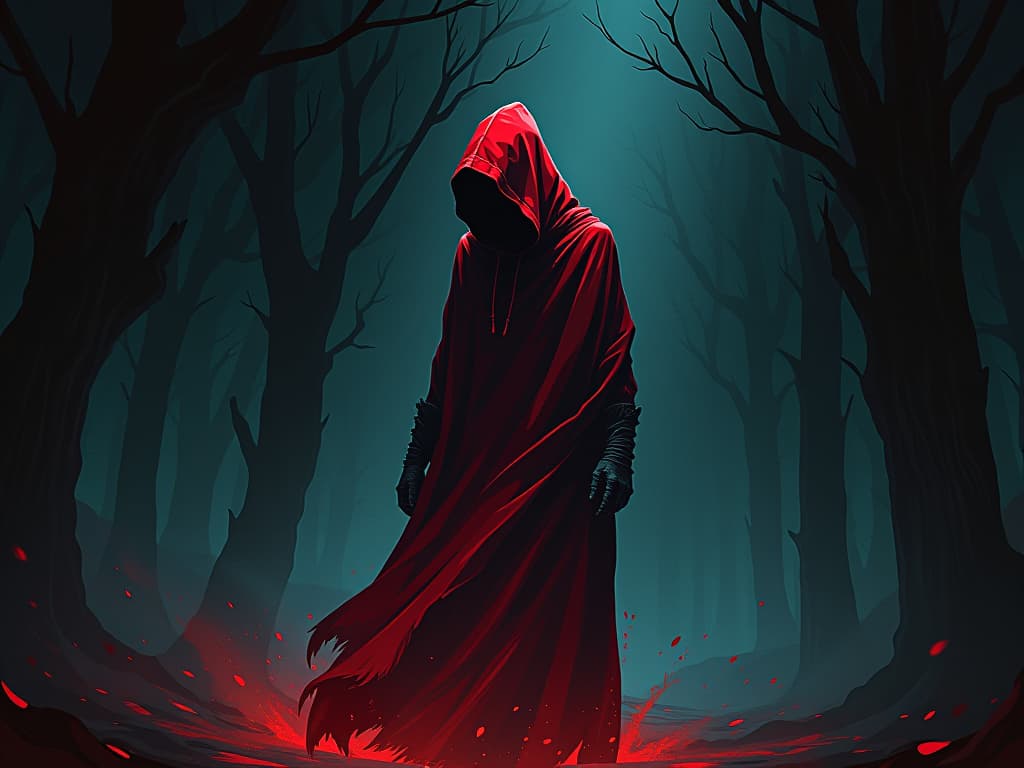  whispering shadows, showing glimpses of past, secretive and haunting, swirling around a red cloak clad figure, aura of nostalgia and manipulation. the style is digital art illustration / modern comic book / graphic dark novel fantasy and mysterious occult, symbolic, moody lighting, esoteric vibe,high detail on character design. for the color scheme emphasize blacks and reds.