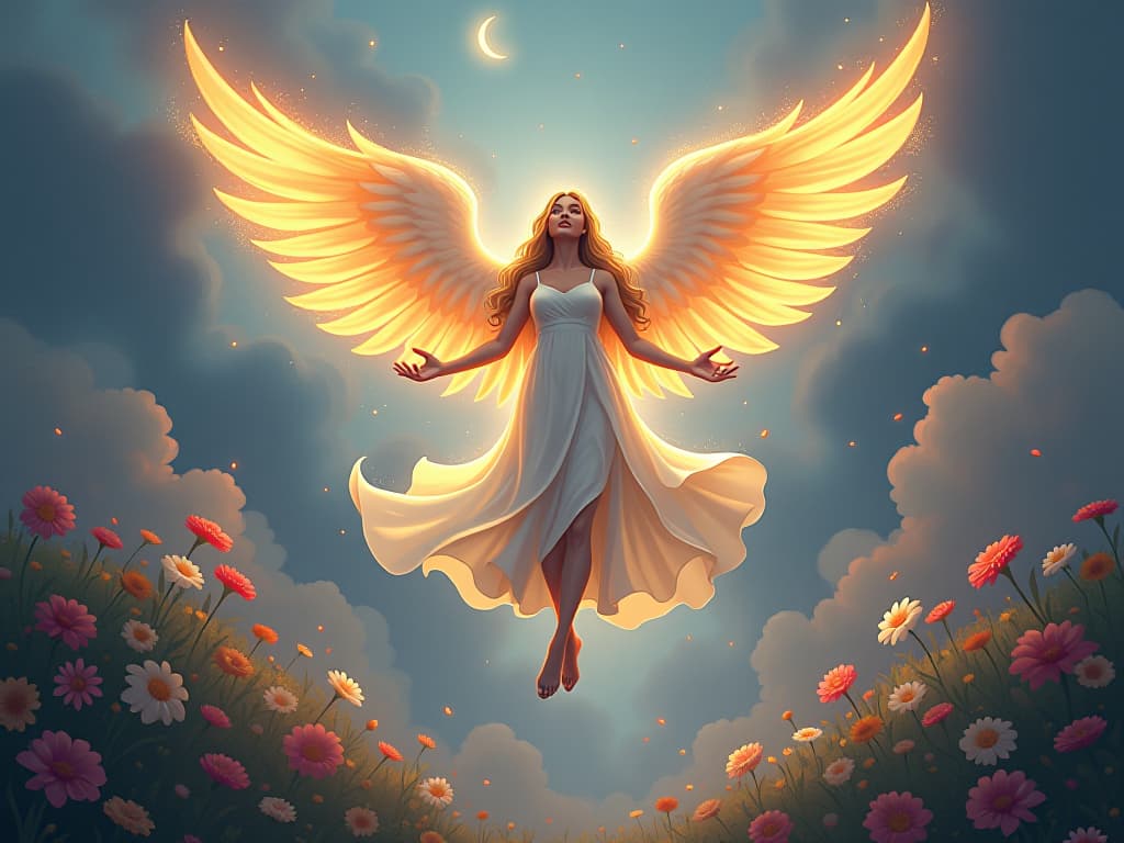  seraphic being with glowing wings, hovering above a celestial garden, aura of encouragement and spiritual support. the style is digital art illustration,highly detailed, whimsical,magical, dreamlike atmosphere, realism and fantasy blend, smooth, glossy textures,luminous quality, wonder and enchantment.