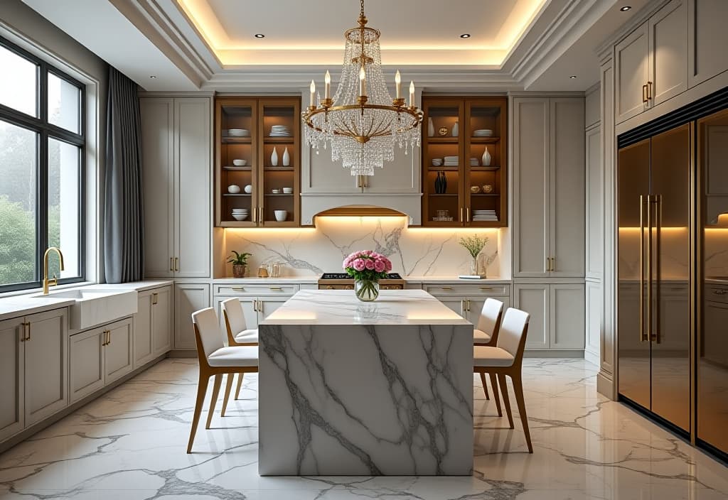  a landscape photo of a luxurious small kitchen with a marble waterfall countertop island, gold hardware, and a crystal chandelier, shot from a high angle hyperrealistic, full body, detailed clothing, highly detailed, cinematic lighting, stunningly beautiful, intricate, sharp focus, f/1. 8, 85mm, (centered image composition), (professionally color graded), ((bright soft diffused light)), volumetric fog, trending on instagram, trending on tumblr, HDR 4K, 8K