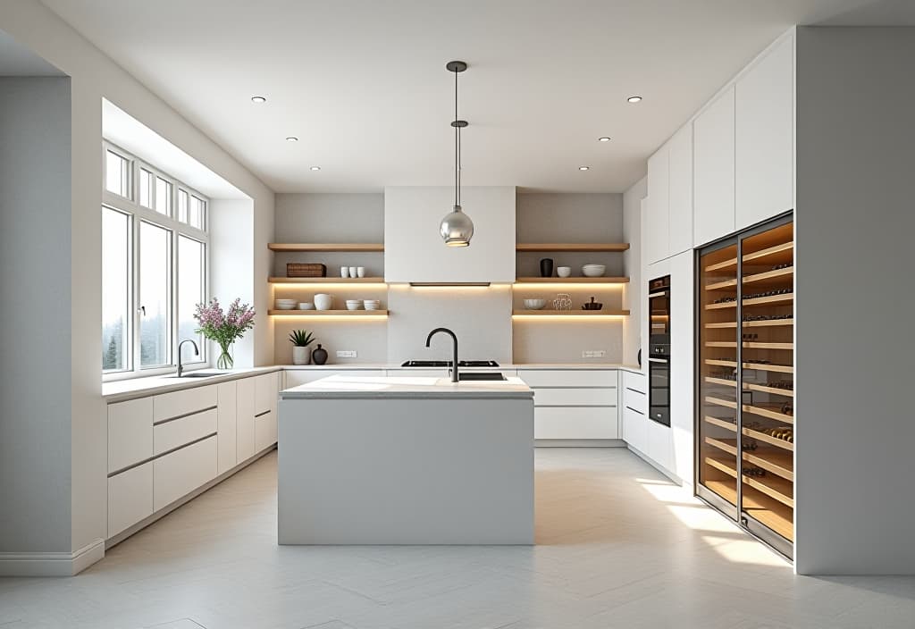  a landscape photo of a white kitchen with a floor to ceiling glass wine storage unit, sleek quartz countertops, and minimalist pendant lights, captured from a straight on view hyperrealistic, full body, detailed clothing, highly detailed, cinematic lighting, stunningly beautiful, intricate, sharp focus, f/1. 8, 85mm, (centered image composition), (professionally color graded), ((bright soft diffused light)), volumetric fog, trending on instagram, trending on tumblr, HDR 4K, 8K