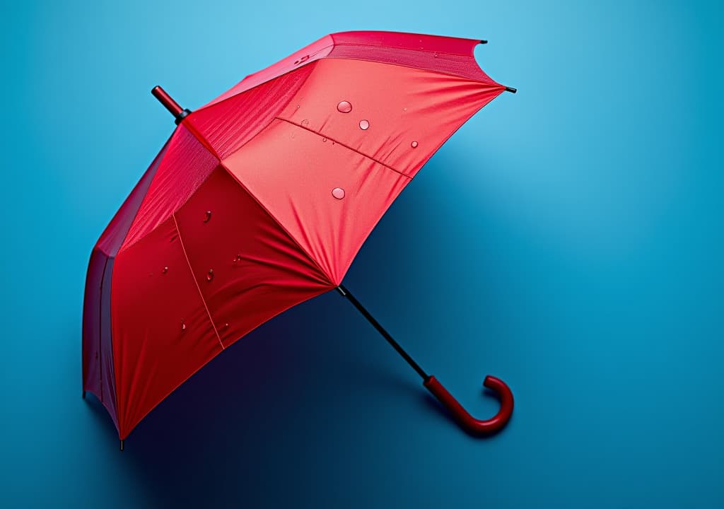  an image shows a red umbrella lying sideways on a blue surface with water drops on its top and bottom