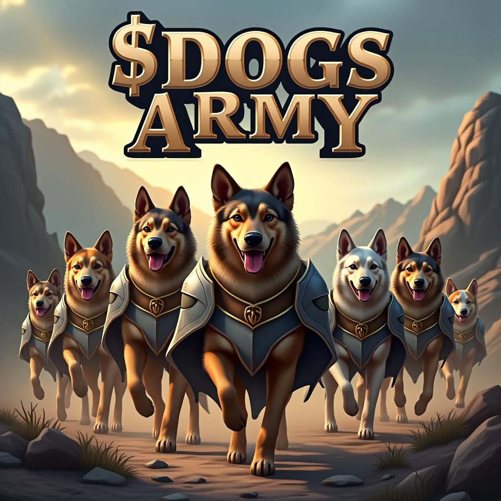  "create a dynamic image featuring a powerful and loyal army of dogs, each with unique armor and ready for action. the scene should convey a sense of unity, bravery, and loyalty. above the army, include the bold text '$dogs army' in a strong, modern font, slightly metallic or military style. the background can feature a rugged, natural landscape, with a sky that hints at a coming dawn, symbolizing hope and determination. the color palette should be earthy tones with accents of silver or gold to highlight the strength and valor of the dogs."