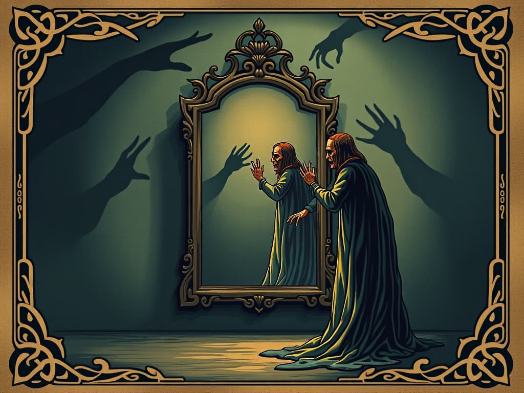  eerie image of a mirror casting distorted, twisted reflections, shadows around it contorting unnaturally, creating a sense of impending chaos, dark and supernatural, heavy atmosphere. an illustration in the style of a worn, mystical old tarot trump card, mysterious and elements of surrealism. the colors are muted, somber and eerie, but with contrast bring out an occult and esoteric vibe.