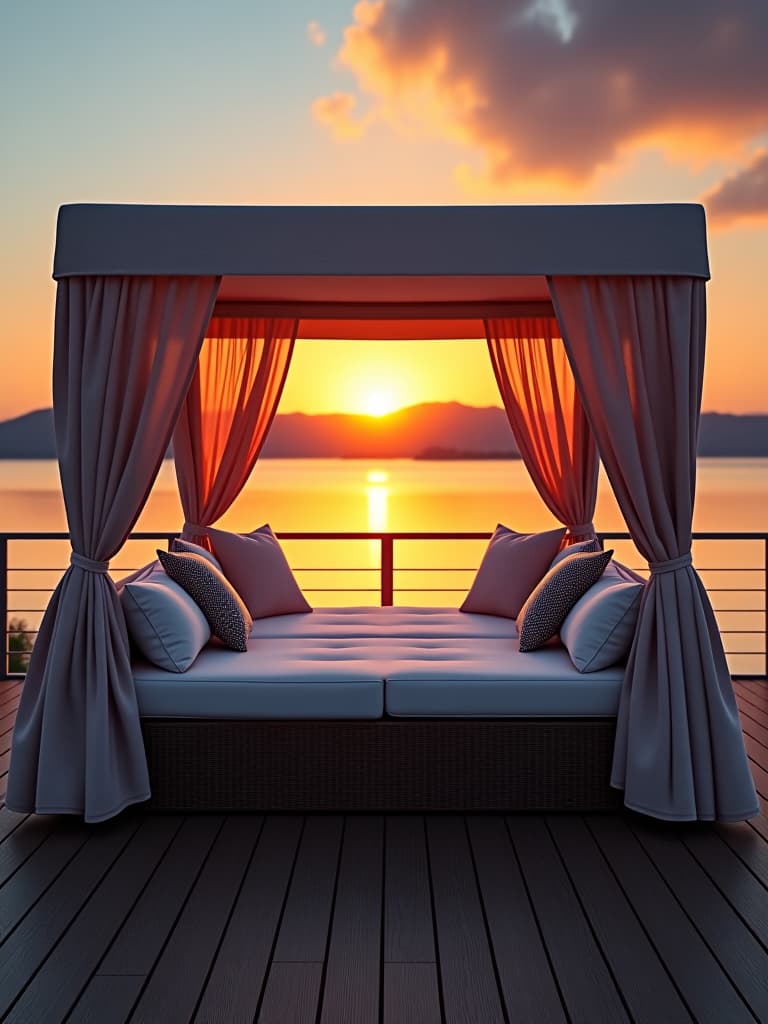  high quality portrait photo of a luxurious outdoor daybed with a retractable canopy, adorned with plush cushions and throw pillows, situated on a wooden deck overlooking a serene lake, captured during a vibrant sunset hyperrealistic, full body, detailed clothing, highly detailed, cinematic lighting, stunningly beautiful, intricate, sharp focus, f/1. 8, 85mm, (centered image composition), (professionally color graded), ((bright soft diffused light)), volumetric fog, trending on instagram, trending on tumblr, HDR 4K, 8K