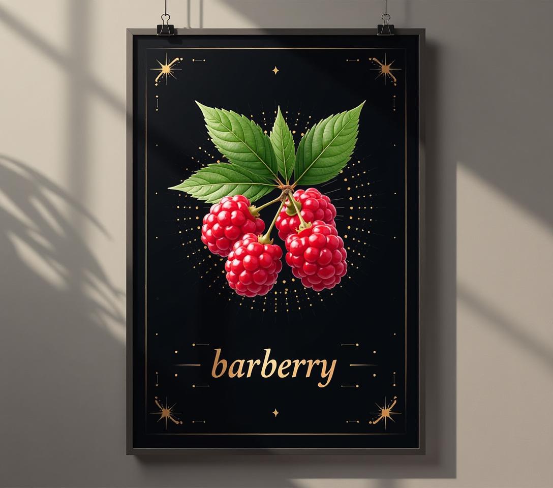  commercial poster, black background, modern design, in the center of the image of barberry berries, at the bottom of the inscription in beautiful elegant font "barberrys", around translucent geometric patterns, small stars