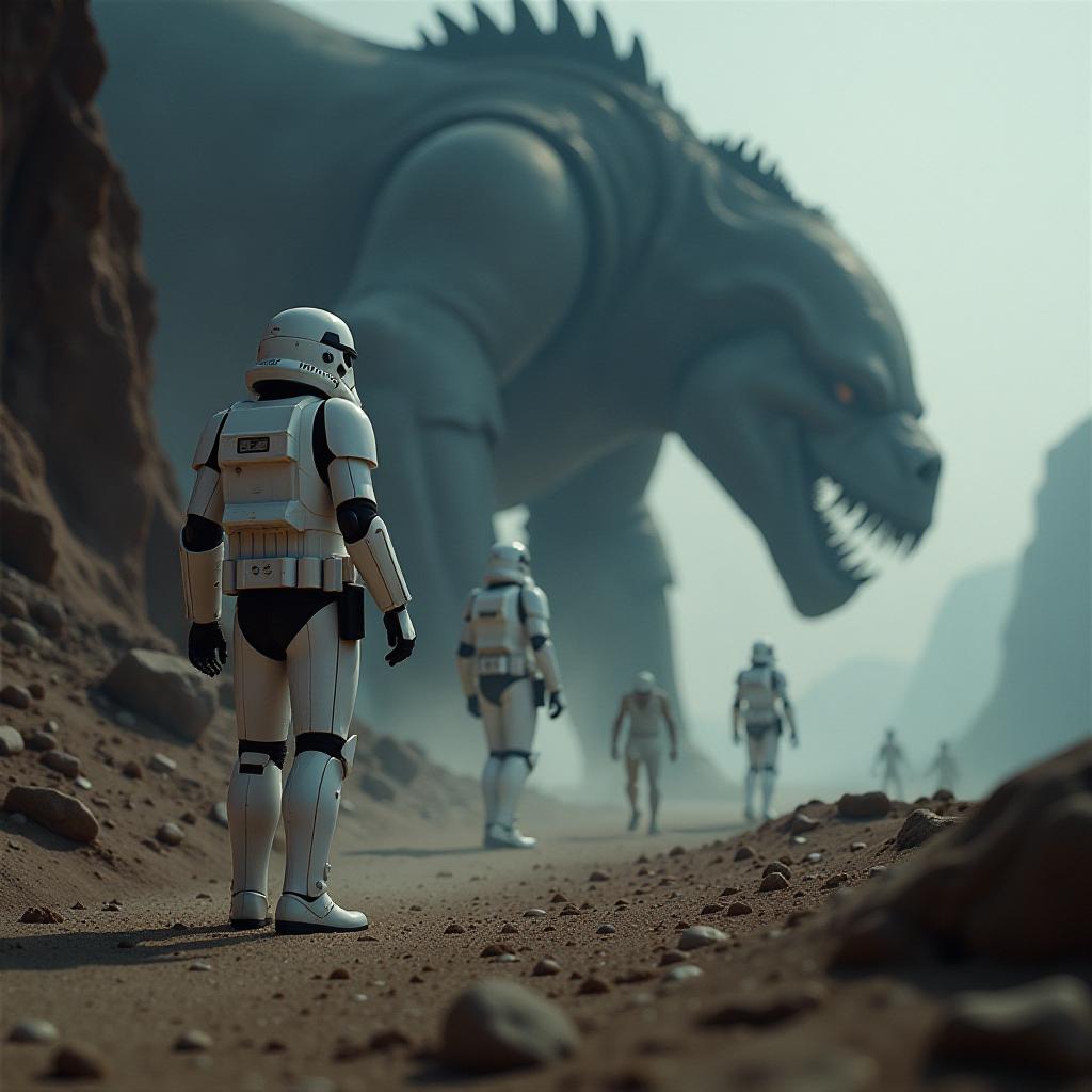  cinematic photo high quality, high detail, large glass close up, in it sand and small star wars stormtroopers shoot at the big monster, darkness, darkness everywhere . 35mm photograph, film, bokeh, professional, 4k, highly detailed