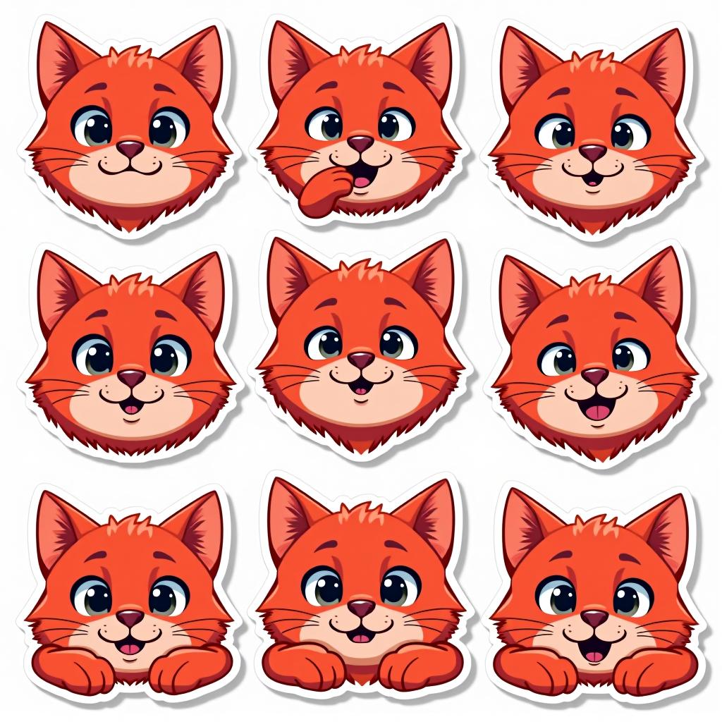  sticker set, red cat, focus on eyes, various emotions, vector style.